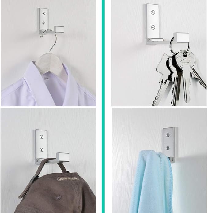 Latomex Folding Coat Hooks, Wall Hooks for Hanging Aluminum Alloy Cloth Hanger Coat Hanger Headphones Holder Headset Wall Hanger Hook- Pack of 4 (Silver)