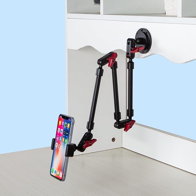 Wall Mounted Phone Holder Magic Arm 360° Rotation Adjustable Metal Base Screw in Wall Sturdy for Kitchen Bedroom Home 32 Inch Metal Phone Clip