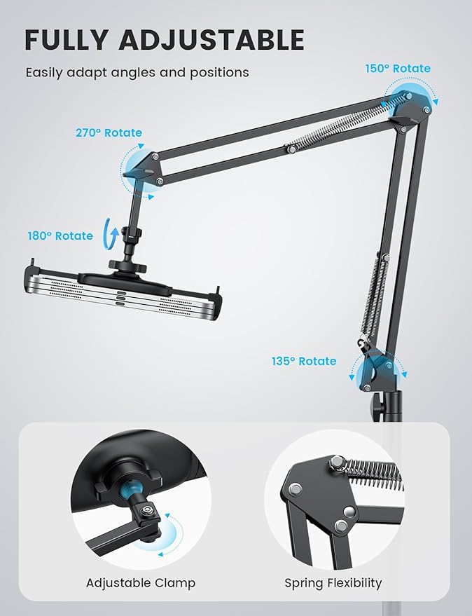 Lamicall Kindle Stand Tablet Holder - 55" Height Adjustable, Flexible Arm, Heavy Base Tablet Mount, Kindle Accessories, Universal Multi Angle Bed Phone Mount for 4.7-13" iPad Pro Air, Tabs, E-Readers