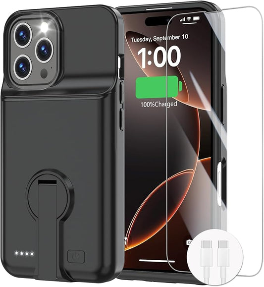 GIN FOXI Battery Case for iPhone 16 Pro, Charging Case with Holder 8000mAh Rechargeable Charger Ultra-Slim Anti-Fall Protection Extended Battery Pack Juice Box for iPhone 16 Pro 6.3" Black