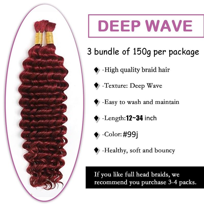 20 20 20 Inch #99j Burgundy Human Braiding Hair for Boho Braids 150g Deep Curly Bulk Human Hair Knotless Boho Braiding Curly Virgin No Weft Extensions Bohemian Braids 3 Bundles/Pack Caramel