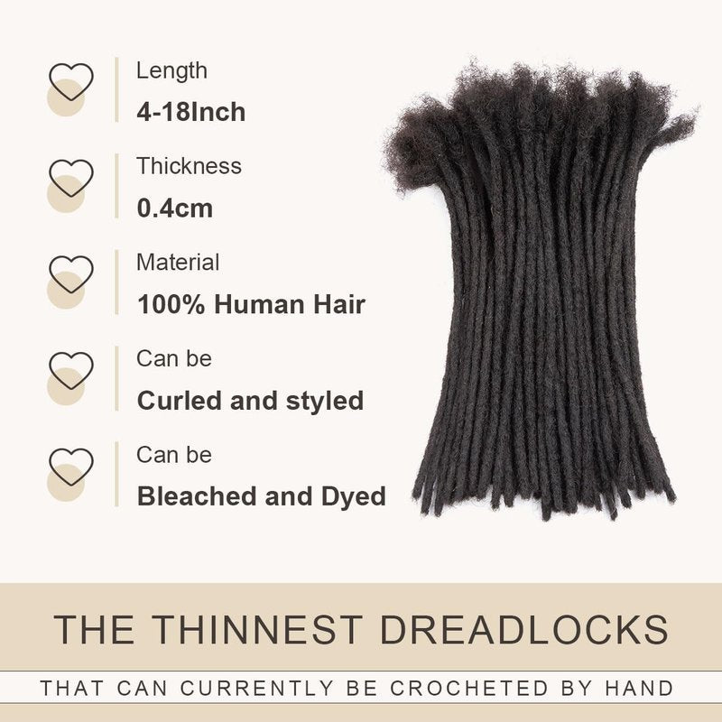 DAIXI 0.4cm and 0.6 0.8cm Thickness Options 18 Inch 10 Strands 100% Real Permanent Loc Extensions Human Hair Full Handmade Human Hair Dreadlock Extensions for Man/Women/Kids