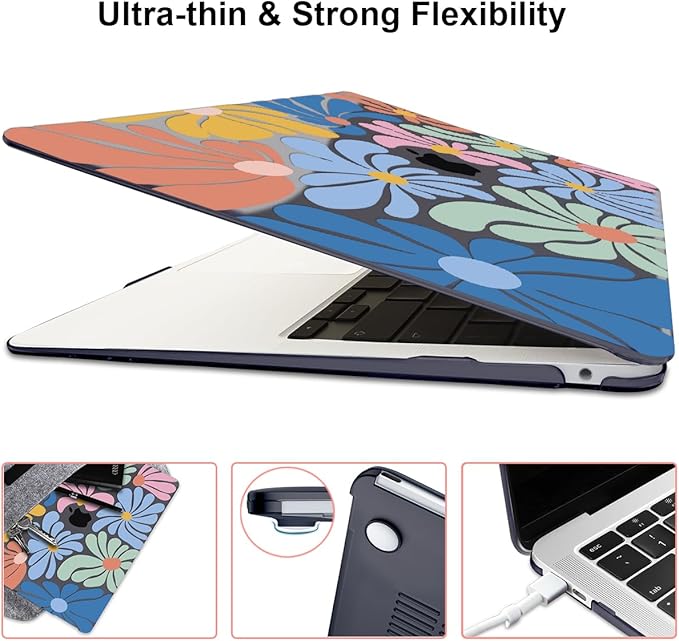 LCMOCICO for MacBook Pro 13 inch Case 2022 2021-2016 Release A2338 M2/M1 A2251 A2289 A2159 A1989 A1706 Touch Bar, Pattern Plastic Hard Shell & Keyboard Cover & Screen Film, Colorful Flowers Black