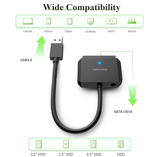 WAVLINK SATA to USB Type-A Hard Drive Cable, 5Gbps USB3.0 to Sata Cable Support UASP, External Hard Drive SATAI/II/III Connector 2.5" SSD/HDD and 3.5" HDD up to 20TB