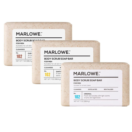MARLOWE. No. 102 Men's Body Scrub Soap 7oz (Variety Trio) Best Exfoliating Body Soap Bars for Men, Made with Natural Ingredients, Green Tea Extract, Features 3 Amazing Scents