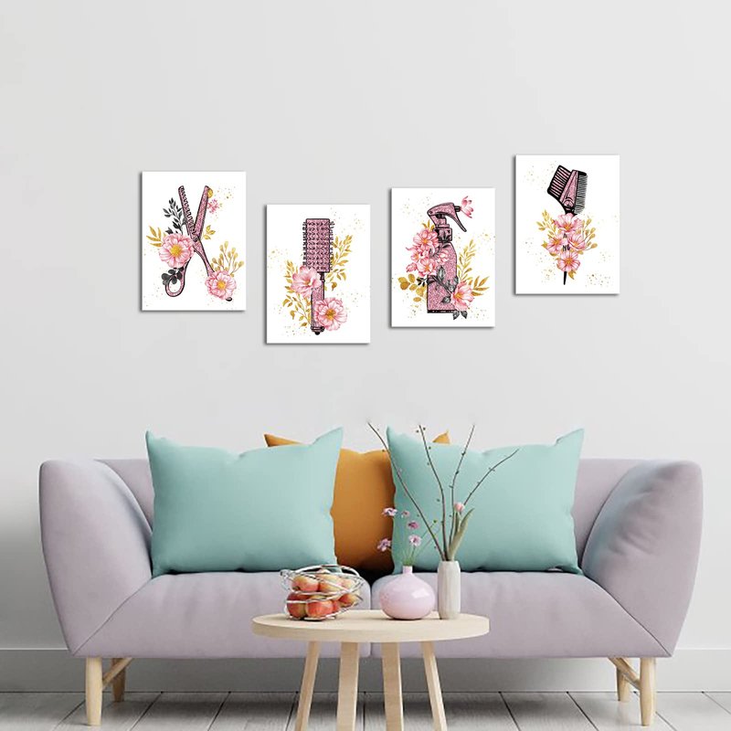 SkenoArt Beauty Salon Wall Art Haircut Tools Painting Hair Salon Barbershop Pictures Hairdresser Wall Decor Fashion Cosmetic Canvas Art Painting Gifts for Hair Stylists Woman Framed