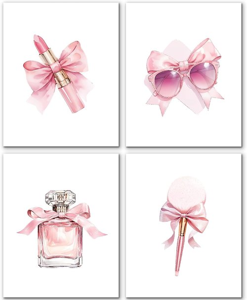 JINYO Coquette Pink Bow Wall Art Prints - Set of 4 Preppy Girly Decor for Girls' Room | 8x10 Unframed