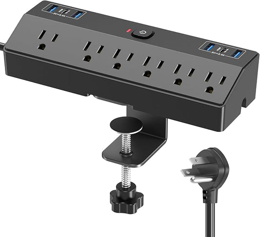 Desk Clamp Power Strip with 40W Fast Charging Station, JXGUCAT 10ft Flat Plug Power Strip Surge Protector, 2 USB-C Ports, 6 AC Outlets, Fit 2.48" Tabletop Edge, Home Office Desk Accessories Essentials