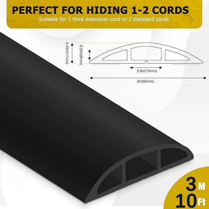 JAHOMFAI Floor Cord Cover 10FT Cord Covers for Wires on Floor Protect Wires & Prevent Trip Hazards, Easy to Cut for Home, Office, School, Concerts, Cavity W0.6in x H0.32in