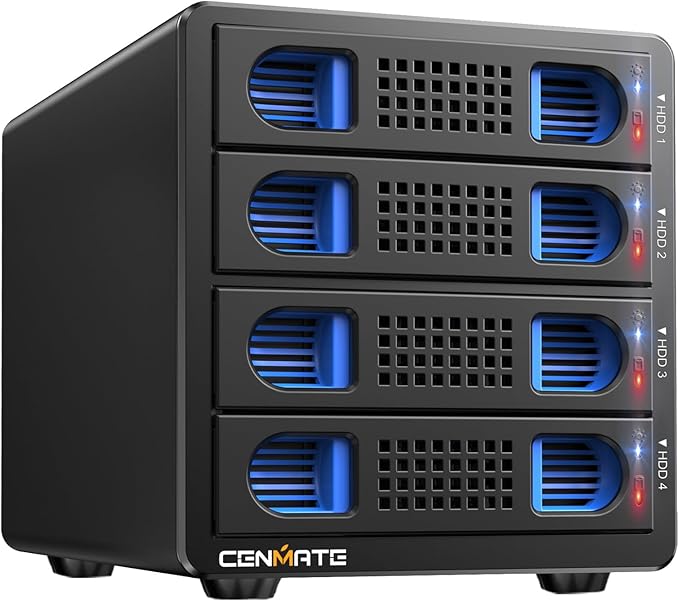 CENMATE Aluminum 4 Bay 10Gbps HDD Enclosure with Cooling Fan for 2.5“/3.5" SATA HDD/SSD with USB A/C 3.2 Gen 2, Support Hot Swappable, Tool-Free Hard Drive Enclosure