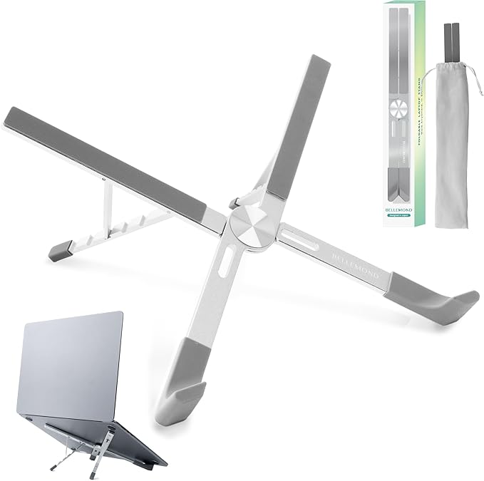 BELLEMOND Foldable Portable Laptop Stand | Ultralight Travel Riser | X-Frame Adjustable Aluminum | Fits MacBook, Dell, HP, Lenovo 10-17.3" | Carry Pouch | Space Silver