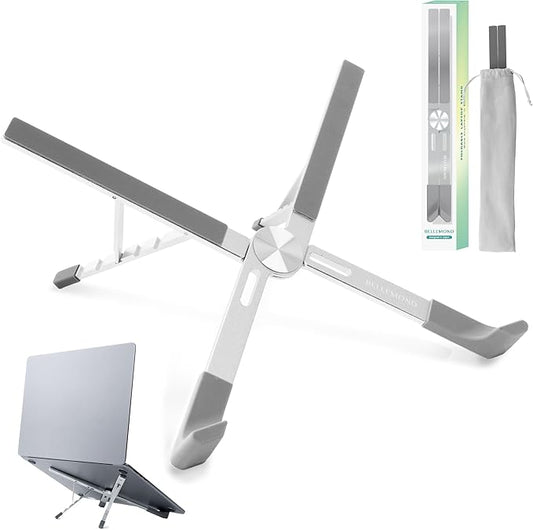 BELLEMOND Foldable Portable Laptop Stand | Ultralight Travel Riser | X-Frame Adjustable Aluminum | Fits MacBook, Dell, HP, Lenovo 10-17.3" | Carry Pouch | Space Silver
