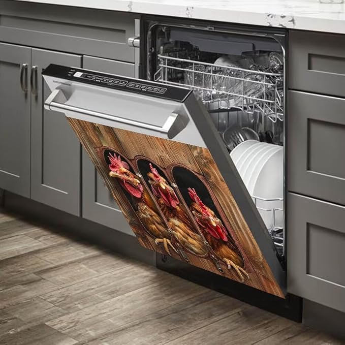 Wood Board and Rooster Painting Dishwasher Magnet Cover Sticker Magnetic Refrigerator Panel Sticker Decorative Front Door Decal 23W x 17H inchs