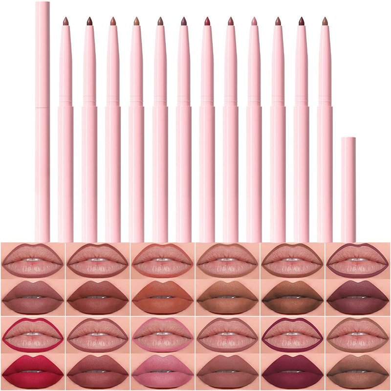 **12Pcs Retractable Lip Liner Pencils Set - Creamy Matte Velvet Colors for Plump Lips | Mauve, Maroon, Red, Nude, Brown**