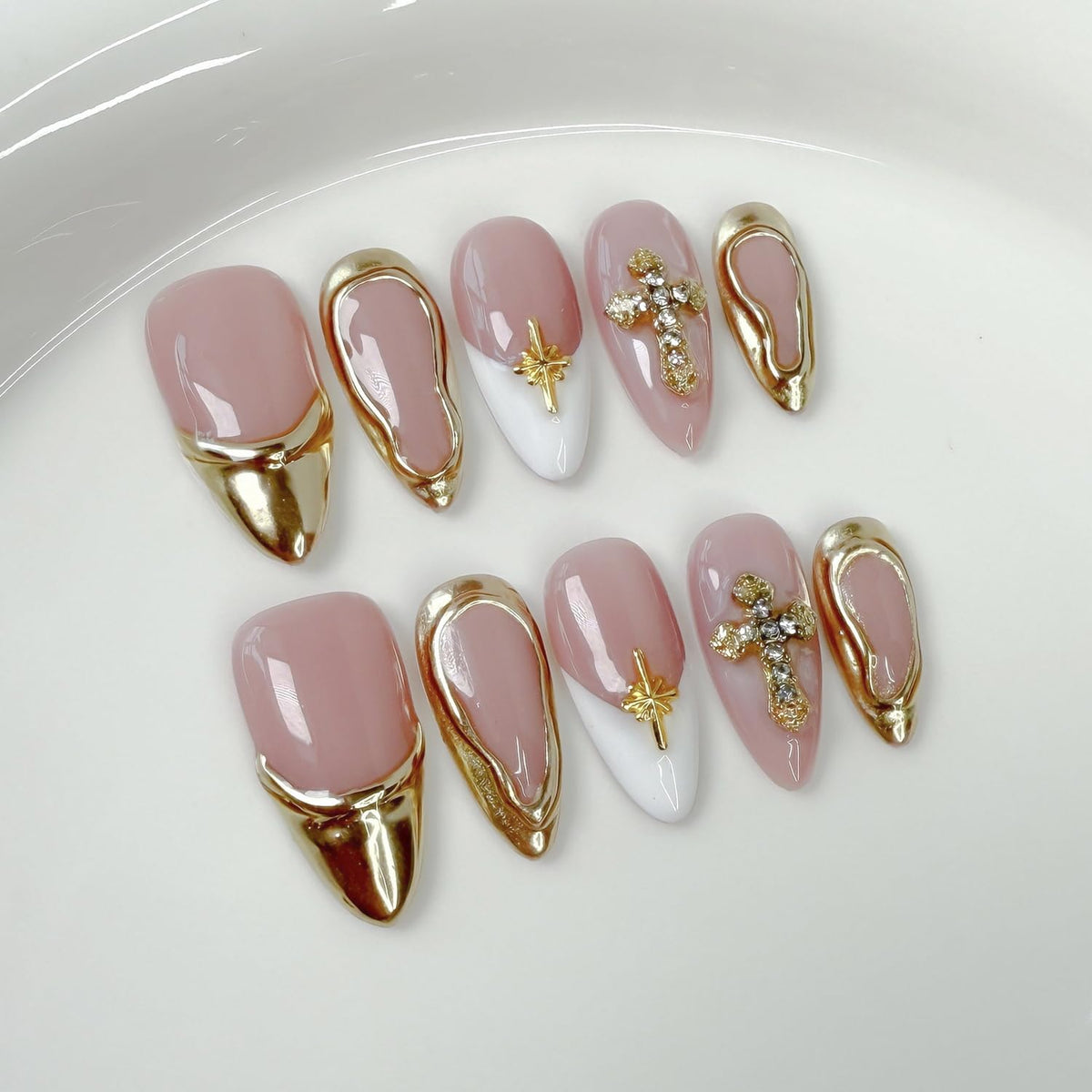 Handmade Fake Nails Medium Almond Press on Nails Rhinestones 3D Gold Curve Line False Nail French with Cross Designs Glossy Glue on Nail DIY for Women Manicure Art (Size S)