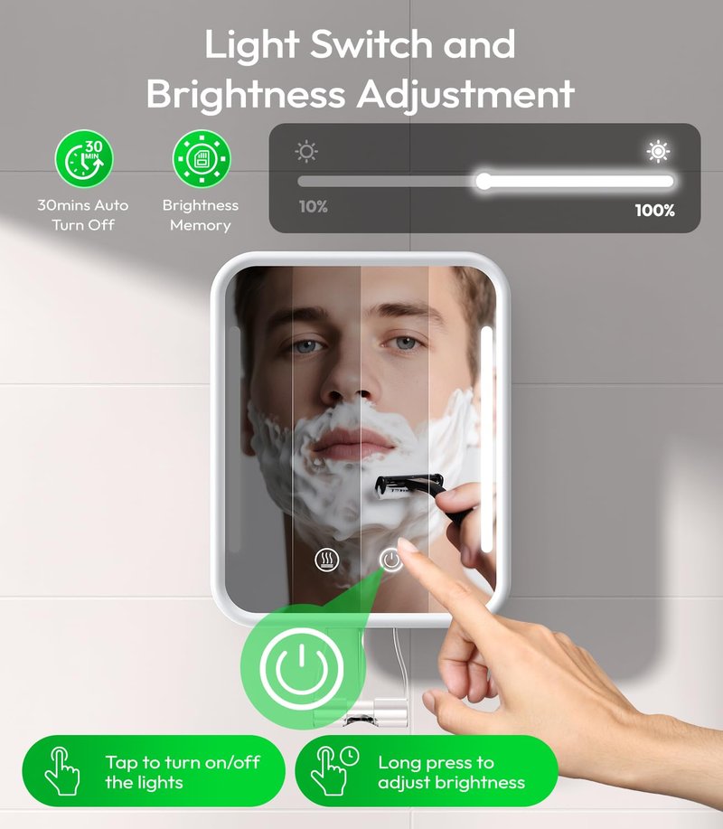 Glowtop Lighted Shower Mirror Fogless for Shaving with Light, 5000mAh Heated Fogless Mirror for Shower, Detachable Razor Holder and Suction Cup for Wall, NO-Drilling, Waterproof for Bathroom (White)