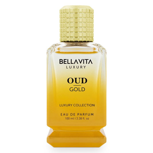 Bellavita Luxury Oud Gold Eau de Parfum | 100 ml (3.4 fl.oz.) | Perfume for Men and Women | Fruity, Caramel, Rose, and Ambery Oud Notes | Long Lasting Unisex Fragrance