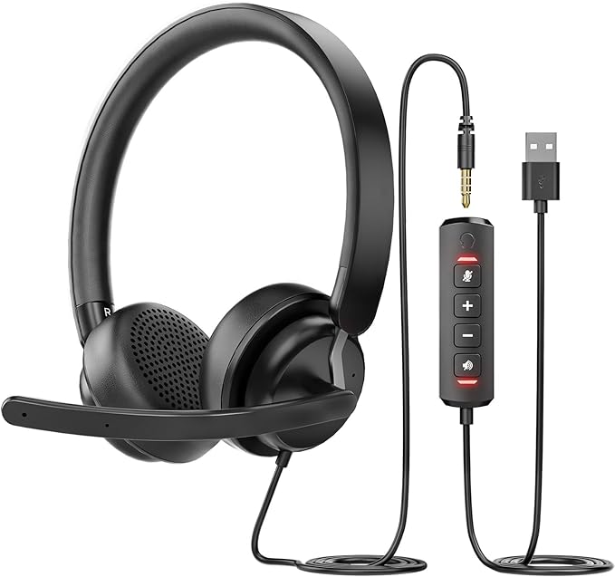 awatrue USB Headset with Microphone for PC, Computer Headset with Noise Canceling Microphone for PC Laptop, in Line Mute Controls, Wired Headset for Work from Home/Office/Call Center/Teams/Zoom