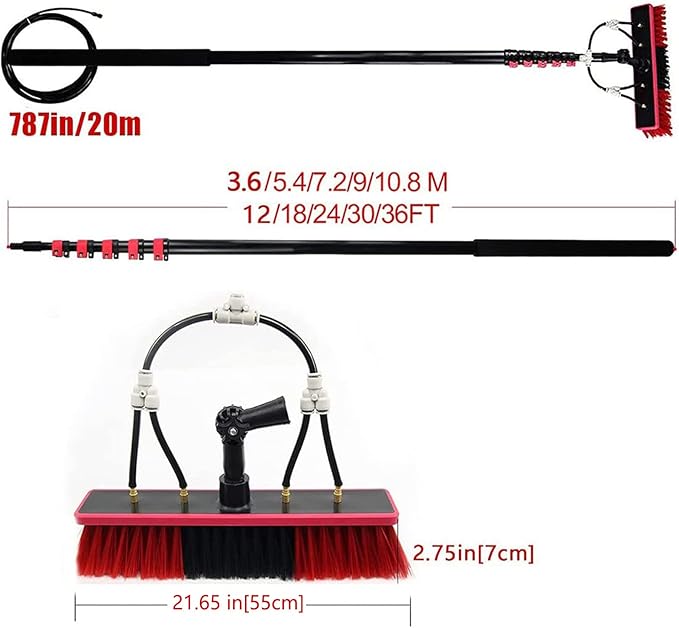 Window Cleaning Pole, Water Fed Telescopic Window Cleaning Brush, Extendable Cleaner Roof Cleaning Tools Window Cleaner Kit for Photovoltaic Panel, Trucks, Bus, Cars,20ft/6m-55cmBrushhead