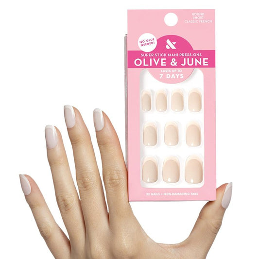 Olive & June Classic Super Stick Mani Press On Nails | No Glue Needed | 32 Tab Nails, 16 Sizes | Non-Toxic Easy On-Off Non-Damaging Real Look | 7-Day Wear | Short, Round | Classic French