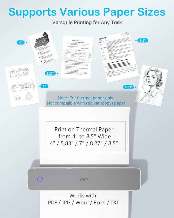 PRT Inkless Portable Printer for Travel, Wireless Thermal Printer Support 8.5 x 11 US Letter A4 B5, Bluetooth Mobile Printers for Laptop, iPhone, Android for Home, Car, Office, School, MT610 Grey