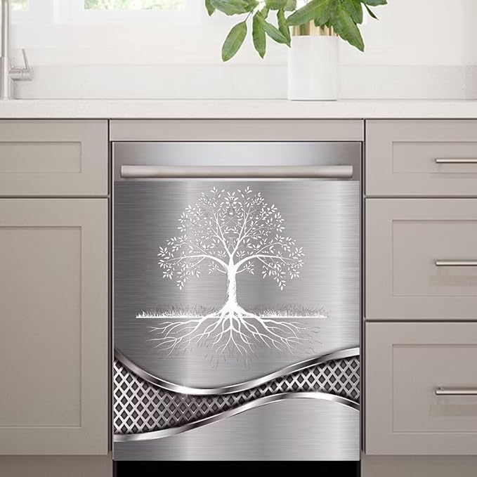 Stainless Steel Design Tree Pattern Dishwasher Magnetic Cover Sticker Refrigerator Door Panel Fridge Appliance Magnet Decal Sheet Kitchen Decor 23x26 inch