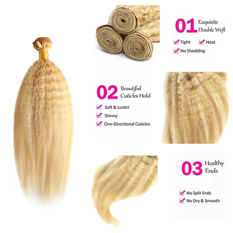 P27/613 Highlight Blonde Bundles Human Hair Honey Blonde Yaki Straight Bundles 28 Inch Unprocessed Brazilian Virgin Hair 1 Bundle 50 Gram Per Bundle Deals Quick Weave Hair Extensions