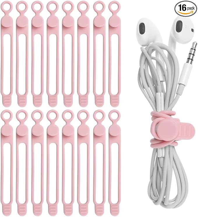 Nearockle 16Pcs Silicone Cable Ties Cord Organizer for Bundling Earphone, Phone Charger, Computer Cords, Reusable Wire Cable Management in Home,Office,Kitchen,School,Travel (Pink)