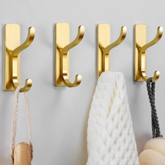 Pickpiff Adhesive Wall Coat Hooks - Heavy-Duty Metal Hangers for Towels, Bags, and Clothes - Gold, 4 Pack