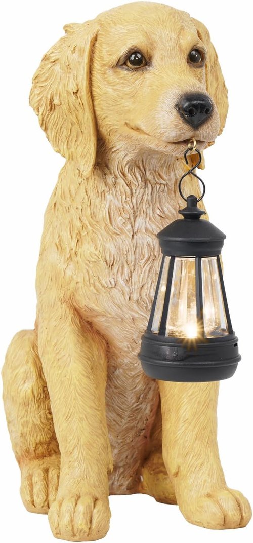 Cynkeyee Golden Retriever Puppy Statue - Solar Outdoor Dog Figurine for Garden & Patio | 13.5x7.5x15.5 Inch