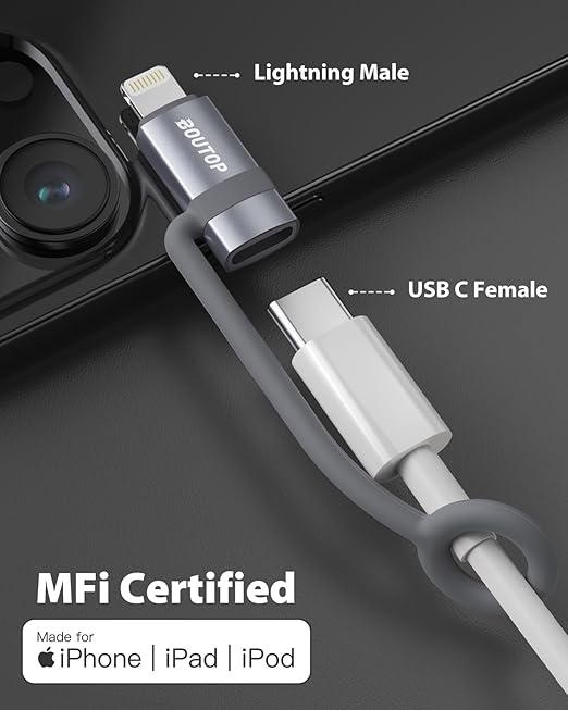 BOUTOP [MFi Certified] USB C to Lightning Adapter, Type C to Lightning Adapter Support 36W PD Fast Charging Compatible with iPhone iPad Gray -3 Pack