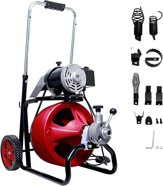 Drain Cleaner Machine 50FT x 3/8 Inch, Auto Feed Sewer Snake Drain Auger - Electric Drain Cleaning Machine Fits 1-1/4 Inch to 2 Inch Pipes, Portable Drain Auger Cleaner with 8 Cutters