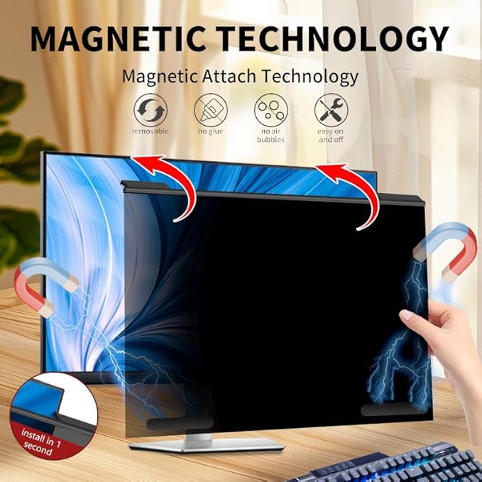 Hoktods Magnetic Hanging Computer Privacy Screen 32 Inch, Removable Privacy Shield for 16:9 Widescreen Frameless Monitor, Anti Spy Anti Scratch Anti Glare Blue Light Screen Guard