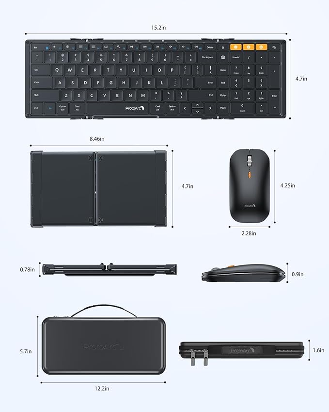ProtoArc Foldable Keyboard and Mouse, XKM01 True Full-Size Folding Bluetooth Keyboard Mouse Combo for Business Travel, a Portable Office Suite On-the-Go, Compatible with Laptop iPad Tablet - Black