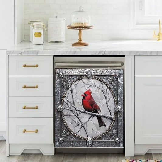 Cardinal Magnet Dishwasher Door Cover Retro Silver Gray Vinyl Panel Decal, Refrigerator Magnetic Skins Cover Reusable Dishwasher Sticker, 23" x 26" Magnetic
