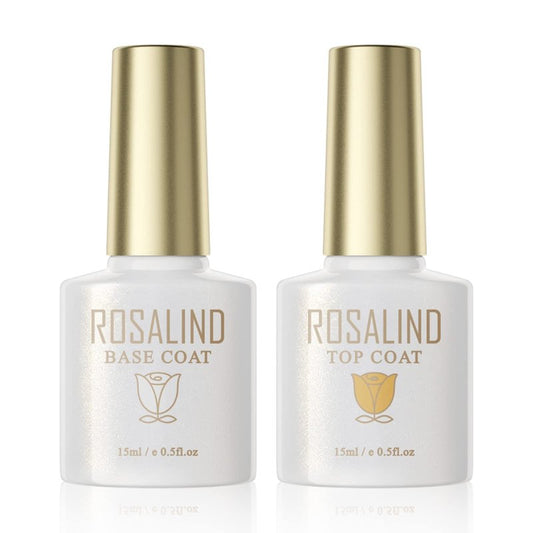 ROSALIND 2 PCS No Wipe Gel Top Coat and Base Coat Set Soak Off LED Nail Lamp Clear Base Top Gel Nail Polish Set