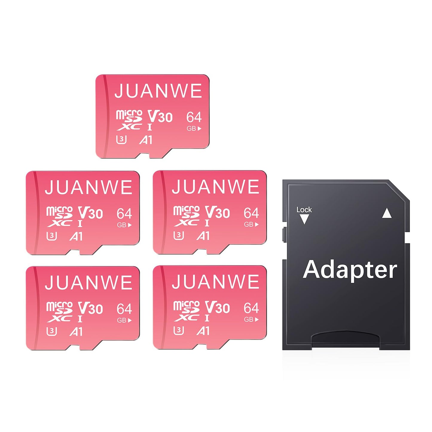 JUANWE 64GB Micro SD Card 5 Pack with SD Adapter 64GB SD Card Memory Card Class 10 microSDXC V30 4K Video Recording U3 A1 TF Card for Dash Cam, Camera, Phone
