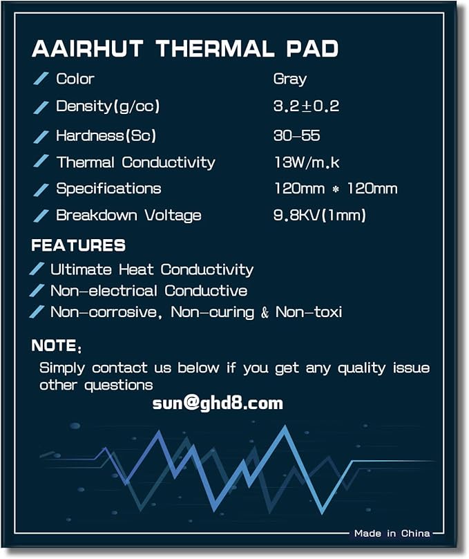 Aairhut Thermal Pad 13W/mK, 120x120x2.5mm Silicone Cooling Pad Non Conductive Heat Resistance Soft Sticky Cover with Dual Self-Adhesive Films for PC Laptop Game Console/PS5/Heatsink/GPU/Computer