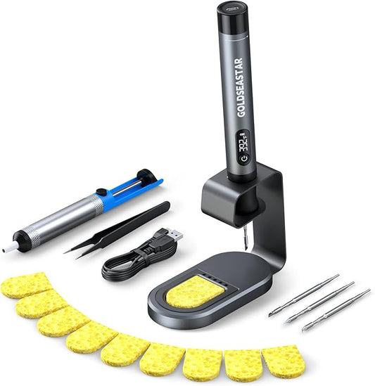 Cordless Soldering Iron Kit - 7s Fast Heating & Auto Sleep, Portable USB-C Rechargeable Welding Pen with 3 Tips (392°F/200°C to 842°F/450°C) for Electronics Repair/DIY/Circuit Board, Gris