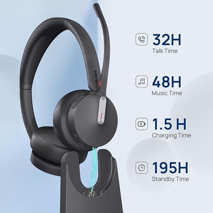 Yealink WH64 Hybrid Wireless Headset with Mic for Work, Dual Mode Bluetooth & DECT Dongle Headset with Charge Stand for PC/Computer/IP Phone/Cell Phones, Teams, Zoom, 492 ft Range, 32H Talk Time