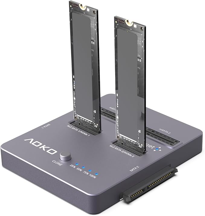 AOKO M.2 NVMe SSD Cloner, Dual-Bay 4-in-1 Hard Drive Docking Station,Hard Drive Reader/Cloner for M.2 PCIE NVME+mSATA & SATA 2.5"/3.5" HDD,Offline Cloning Without PC