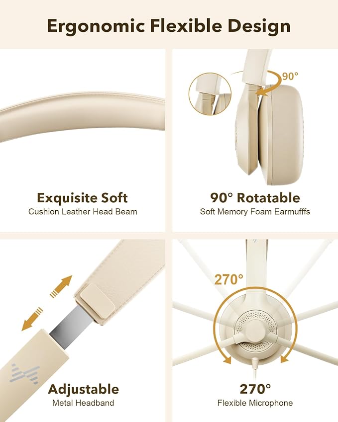 JIAMQISHI USB Headset with Microphone for PC, On-Ear Computer Laptop Headphones with Noise Cancelling Mic in-line Control for Home Office Online Class Zoom (USB+3.5mm, Apricot)