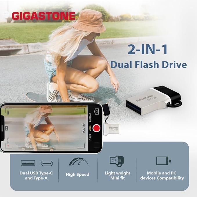 GIGASTONE 128GB 5-Pack Nano Luxus Dual USB Flash Drive, USB-C & USB-A, 100MB/s High-Speed Storage, Metal Design
