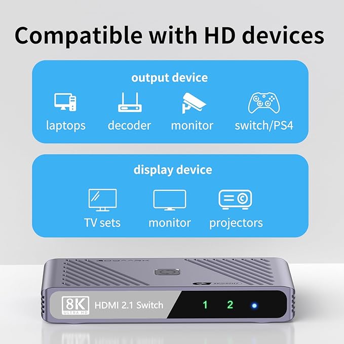 HD Switch 4K120Hz 8K60Hz – 2-in-1-out HD 2.1 Switch Box, Port Expander, Selector (with Remote Control), Supports 3D/HDR/HDCP 2.3, Compatible with PS5/4/3, Xbox, Switch, DVD Players, TVs and Computers