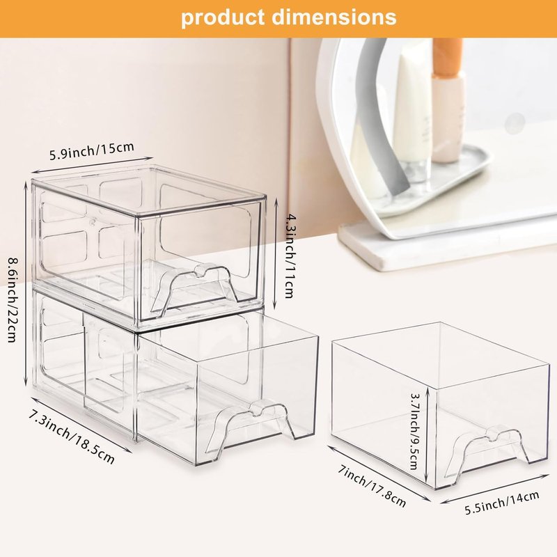 Stackable Makeup Organizer - Clear Plastic Storage Drawers Set of 4 | Ideal for Vanity & Bathroom Organization