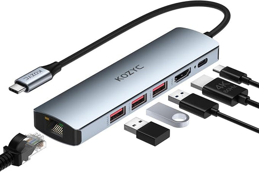 USB C Hub Ethernet, KOZYC 6-IN-1 USB C Hub with 10Gbps, HDMI 4K 60Hz, 1Gbps Ethernet, 3xUSB-A 3.2 , 100W PD Compatible with MacBook Air/Pro, XPS13/15, Dell