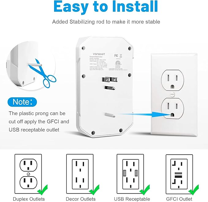 Wall Outlet Extender, Vansoet 6 Outlet Splitter with 4 USB Ports(1 USB C PD 20W), 2100J Surge Protector Power Strip, 3 Side Multi Plug Outlet for Travel, Home, Office, Dorm