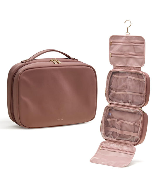 EACHY Travel Toiletry Bag with Hanging Hook, Portable Makeup Cosmetic Bags for Women, Water-Resistant Full-Size Travel Accessories (Pink)