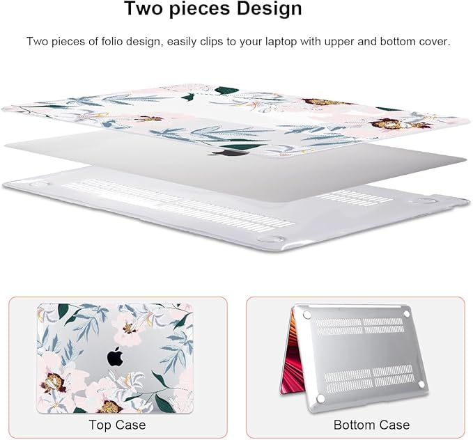 LCMOCICO Compatible with MacBook Air 13 inch Case 2021 2020 2019 2018 M1 A2337 A2179 A1932 with Retina Display & Touch ID, Pattern Plastic Hard Shell Case Keyboard Skin Cover, Pink Peonies & Lilies