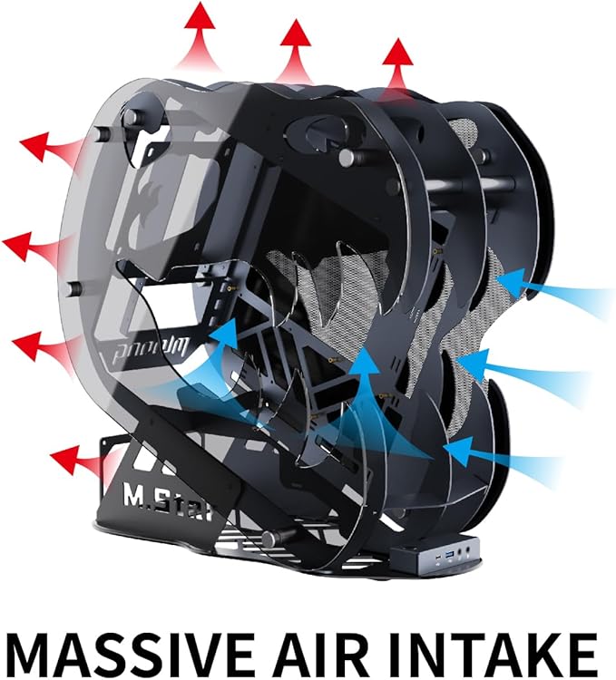 MegaPC Upgraded Open-Frame Mid-Tower Micro-ATX/Mini-ITX Gaming PC Case, Tempered Glass Side Panel, Pre-Installed ARGB PWM Fan, with USB3.0, Type-C, 240mm Radiator Support (Upgrade Black)